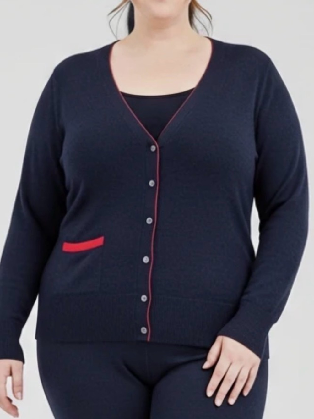 100% Italian Spun Merino Wool VNeck Pocket cardigan navy red trim 3X 24W 26W New